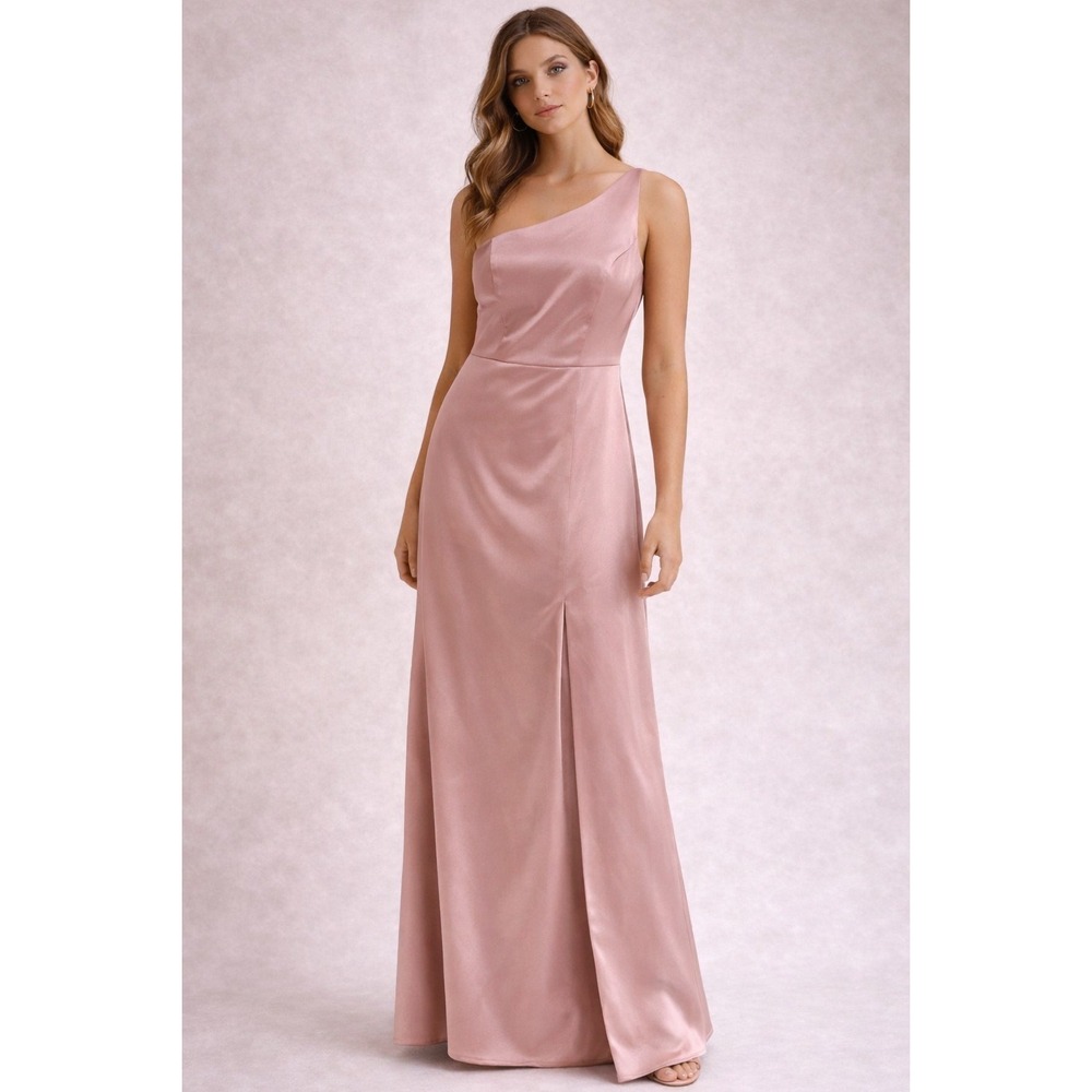 Birdy‎ Grey One Shoulder Satin Bridesmaid Dress Mauve Pink Floor Length Slit S